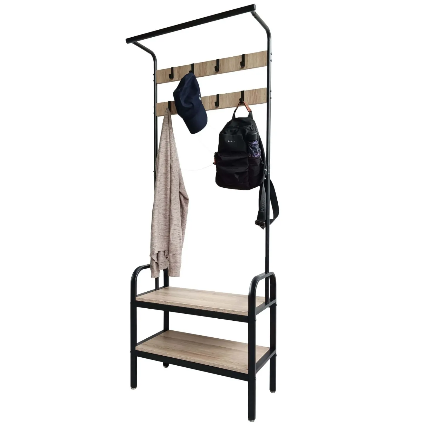 Appendiabiti in metallo e pannello truciolare con 2 ripiani 66x30x172 cm