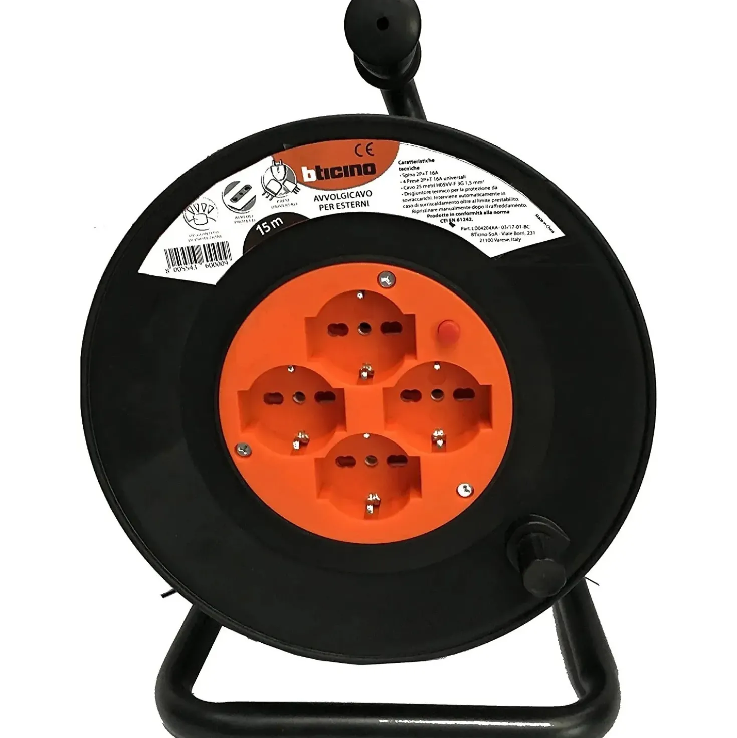Avvolgicavo con spina Bticino 16A e 4 prese universali cavo 25 m