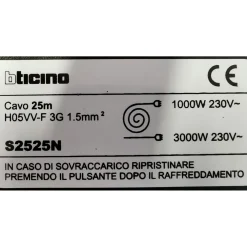 Avvolgicavo con spina Bticino 16A e 4 prese universali cavo 25 m