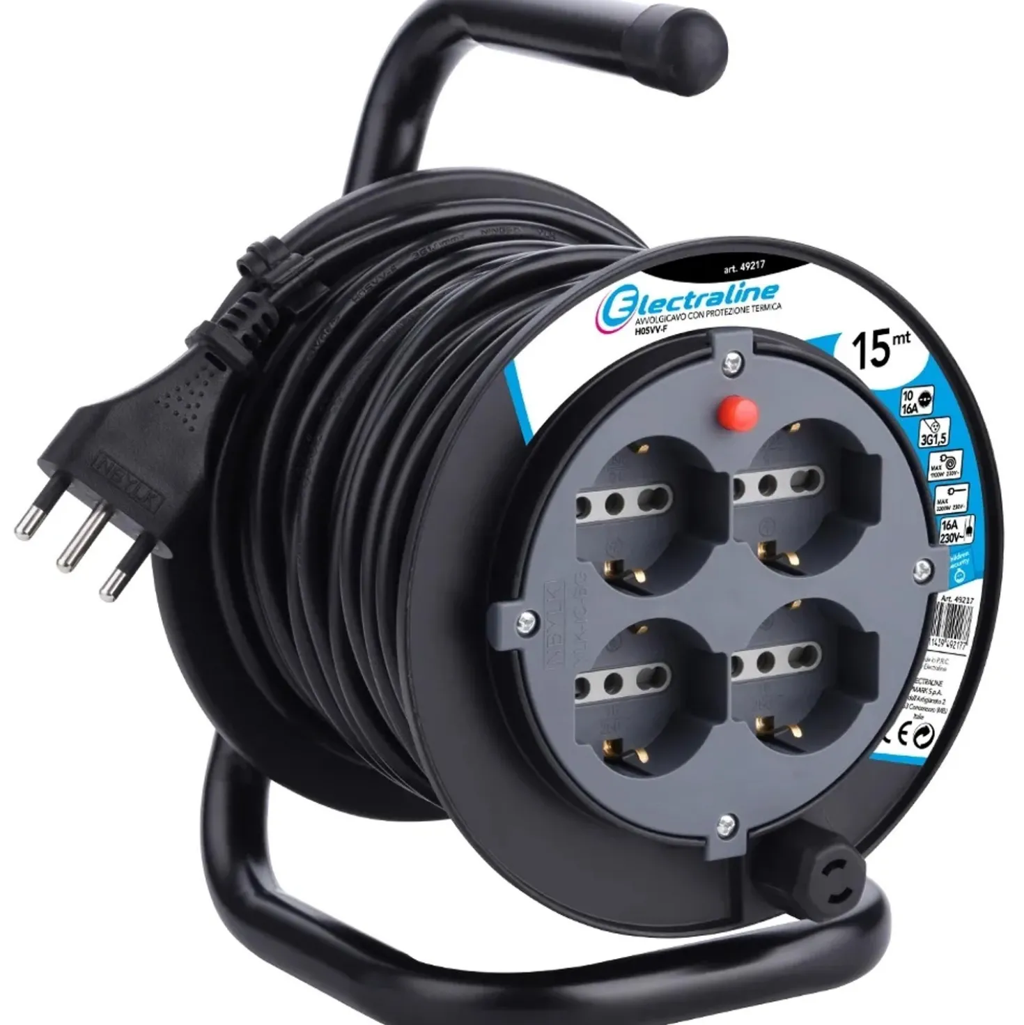 Avvolgicavo elettrico H05VV-F 3G1,5 mm² 4 prese polivalenti 15 m nero