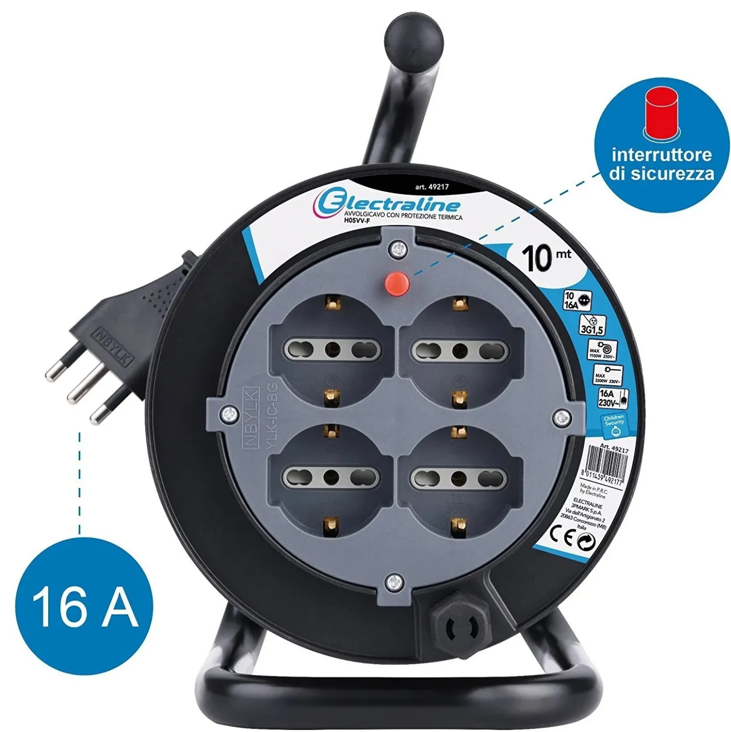 Avvolgicavo elettrico H05VV-F 3G1,5 mm² 4 prese polivalenti 15 m nero