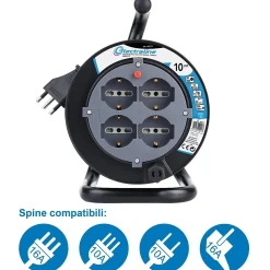 Avvolgicavo elettrico H05VV-F 3G1,5 mm² 4 prese polivalenti 15 m nero
