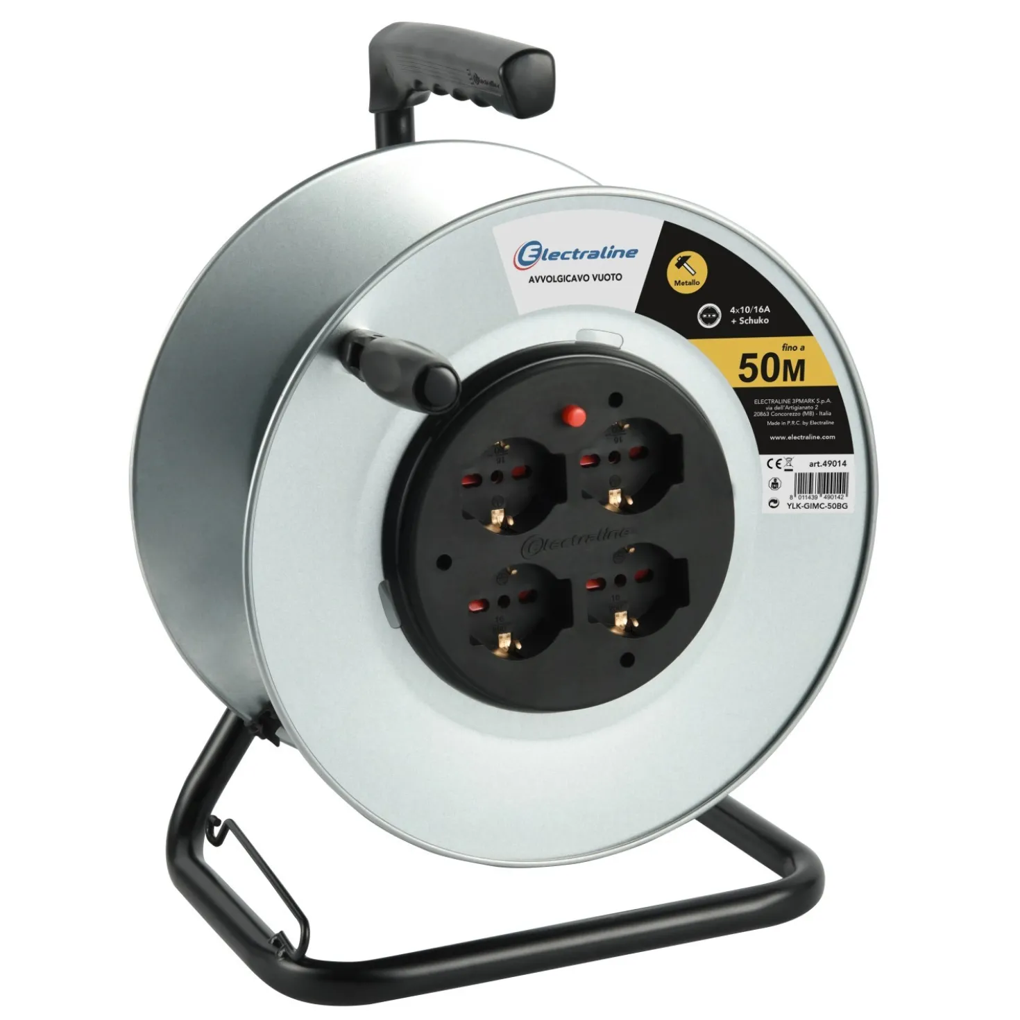 Avvolgicavo elettrico senza cavo in metallo 4 prese 10/16A 50 m