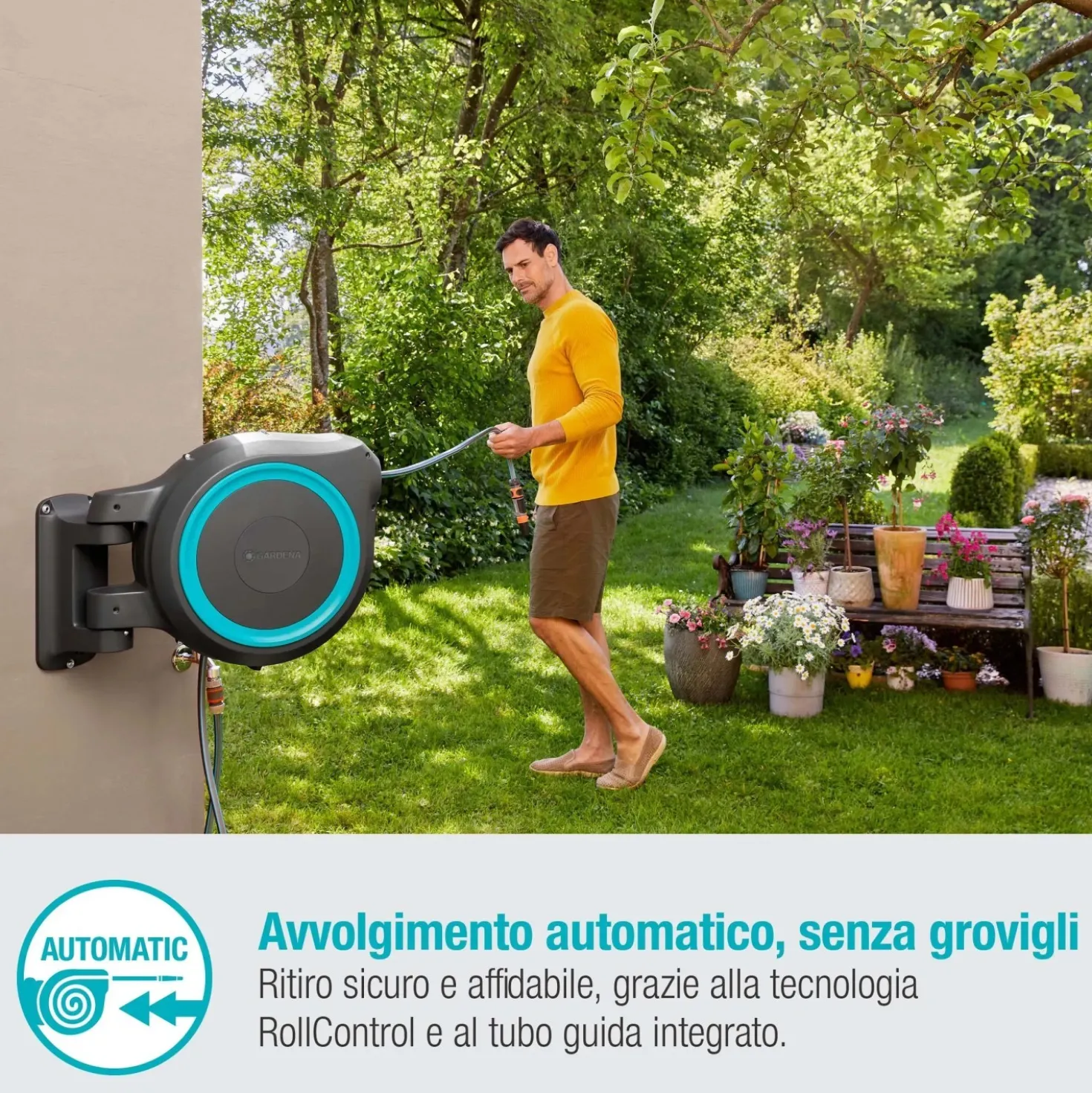Avvolgitubo da parete automatico Rollup L Gardena tubo da 30 m Ø 13 mm