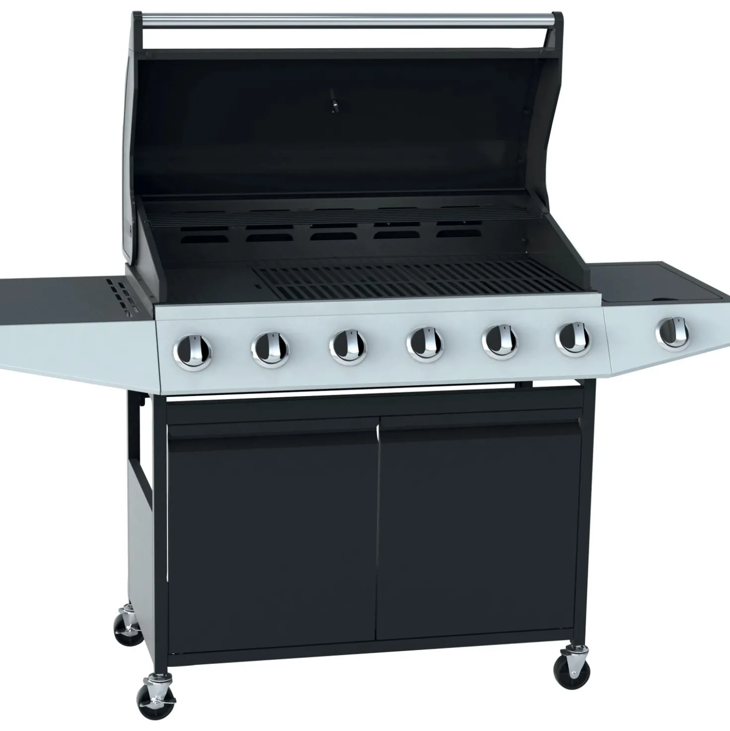 Barbecue a gas 6+1 bruciatori nero con fornello laterale e coperchio
