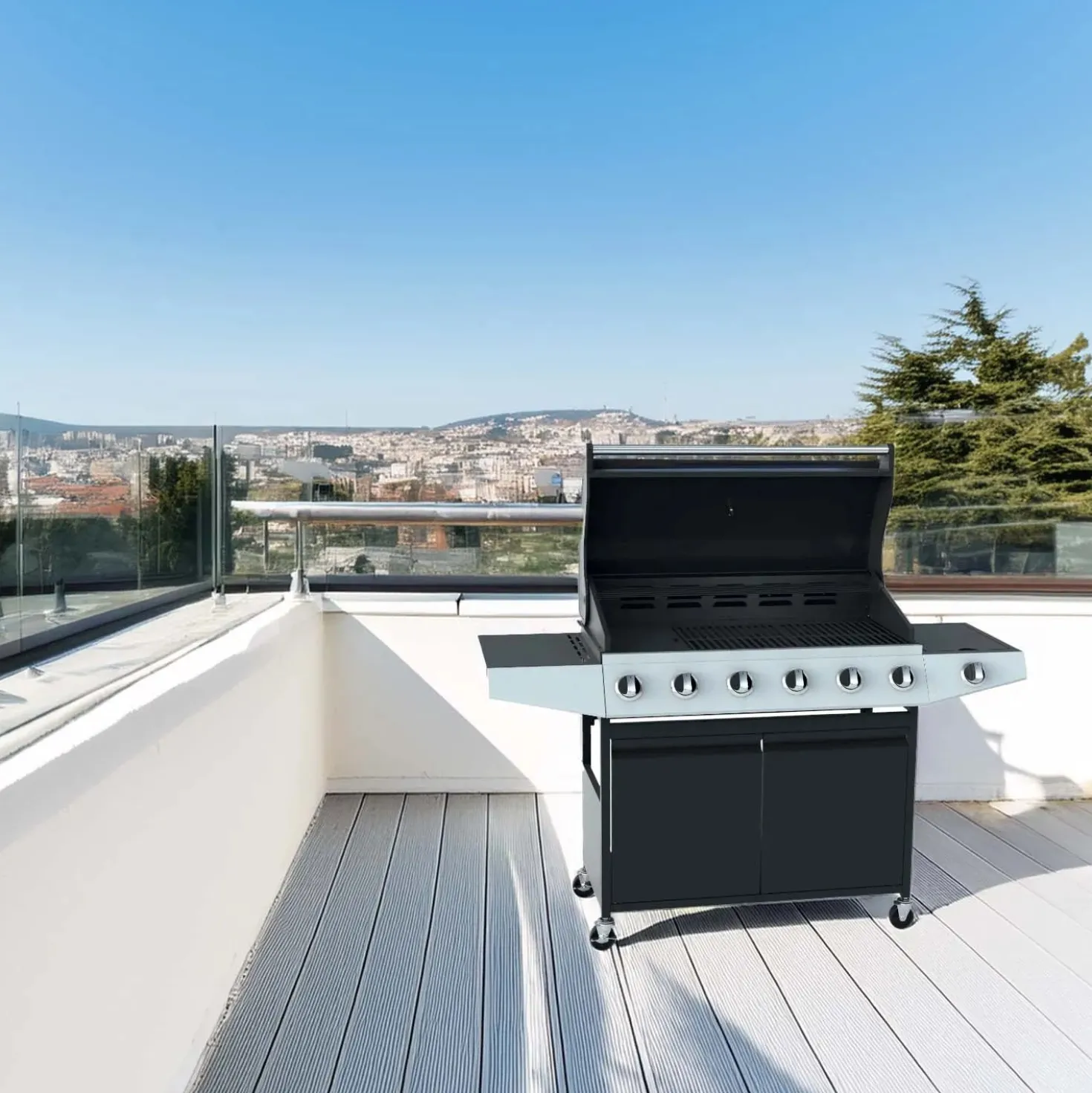 Barbecue a gas 6+1 bruciatori nero con fornello laterale e coperchio