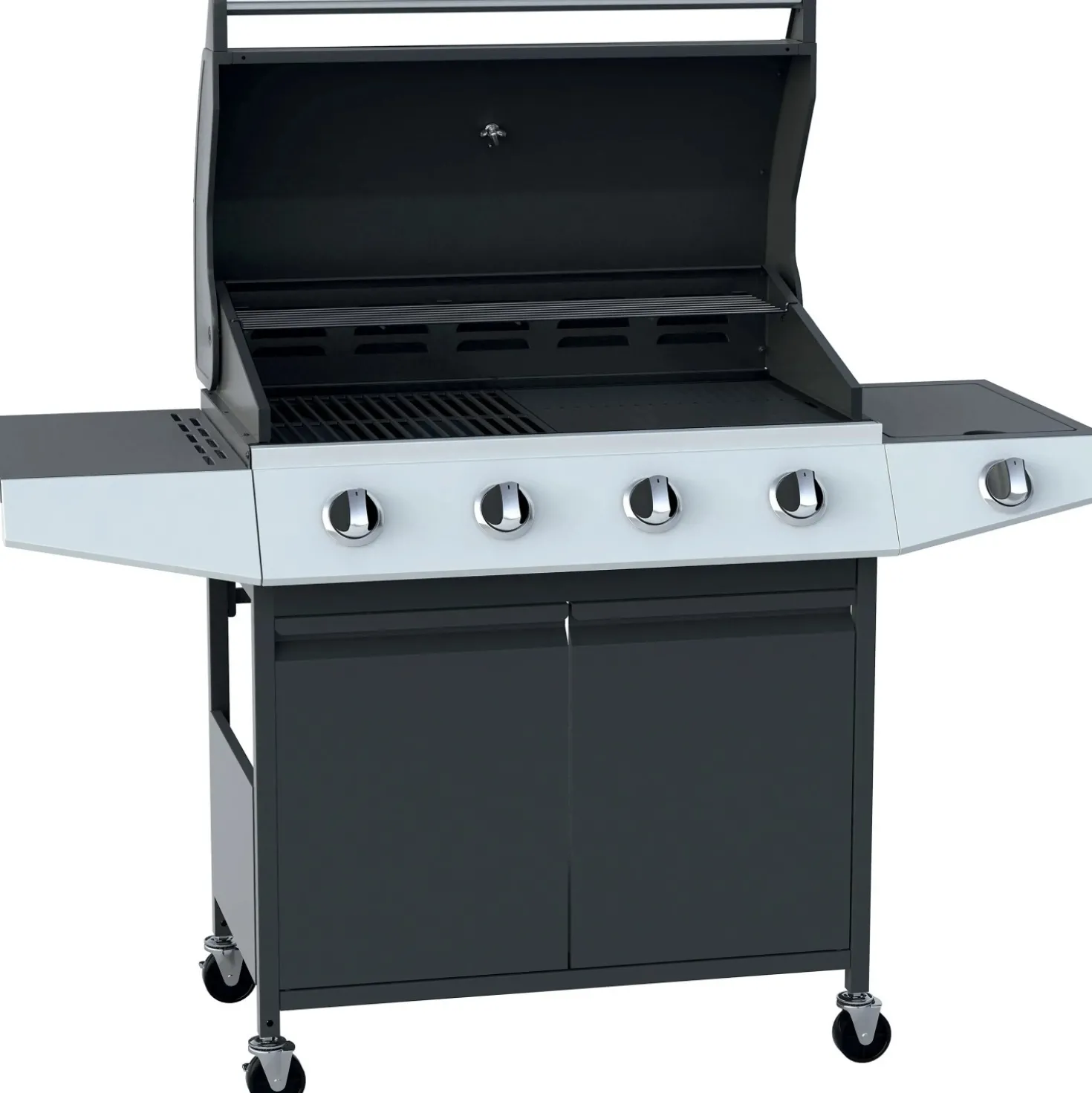 Barbecue a gas 4+1 bruciatori nero con fornello laterale e coperchio