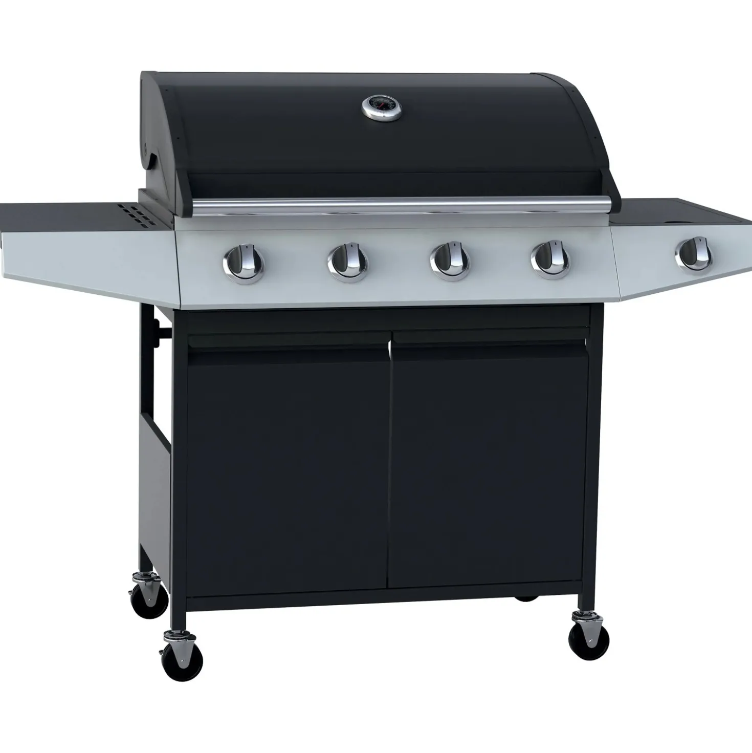 Barbecue a gas 4+1 bruciatori nero con fornello laterale e coperchio