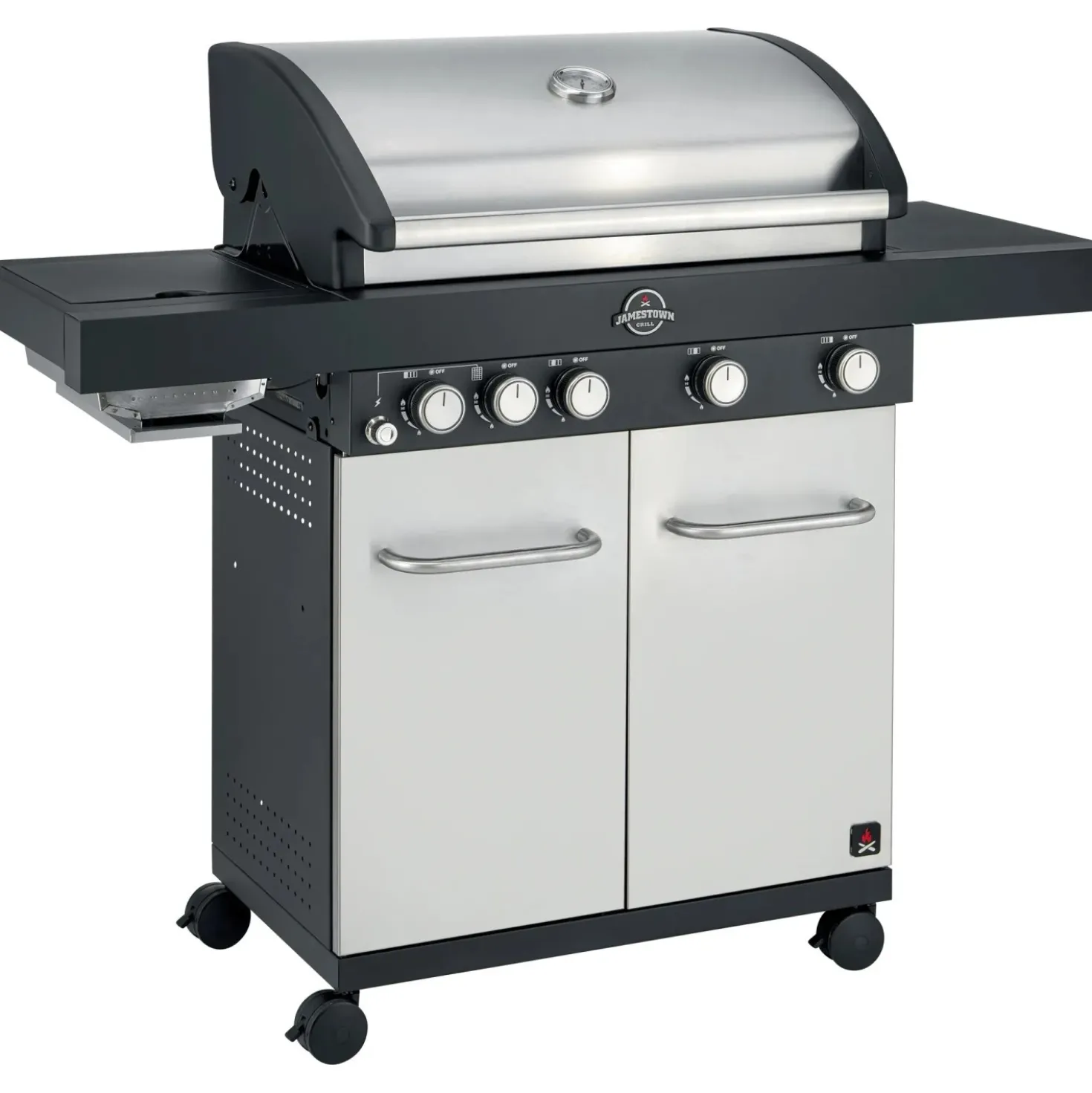 Barbecue a gas Jamestown 4 bruciatori nero con ripiano laterale e coperchio