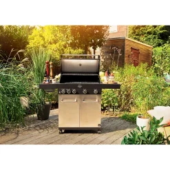 Barbecue a gas Jamestown 4 bruciatori nero con ripiano laterale e coperchio