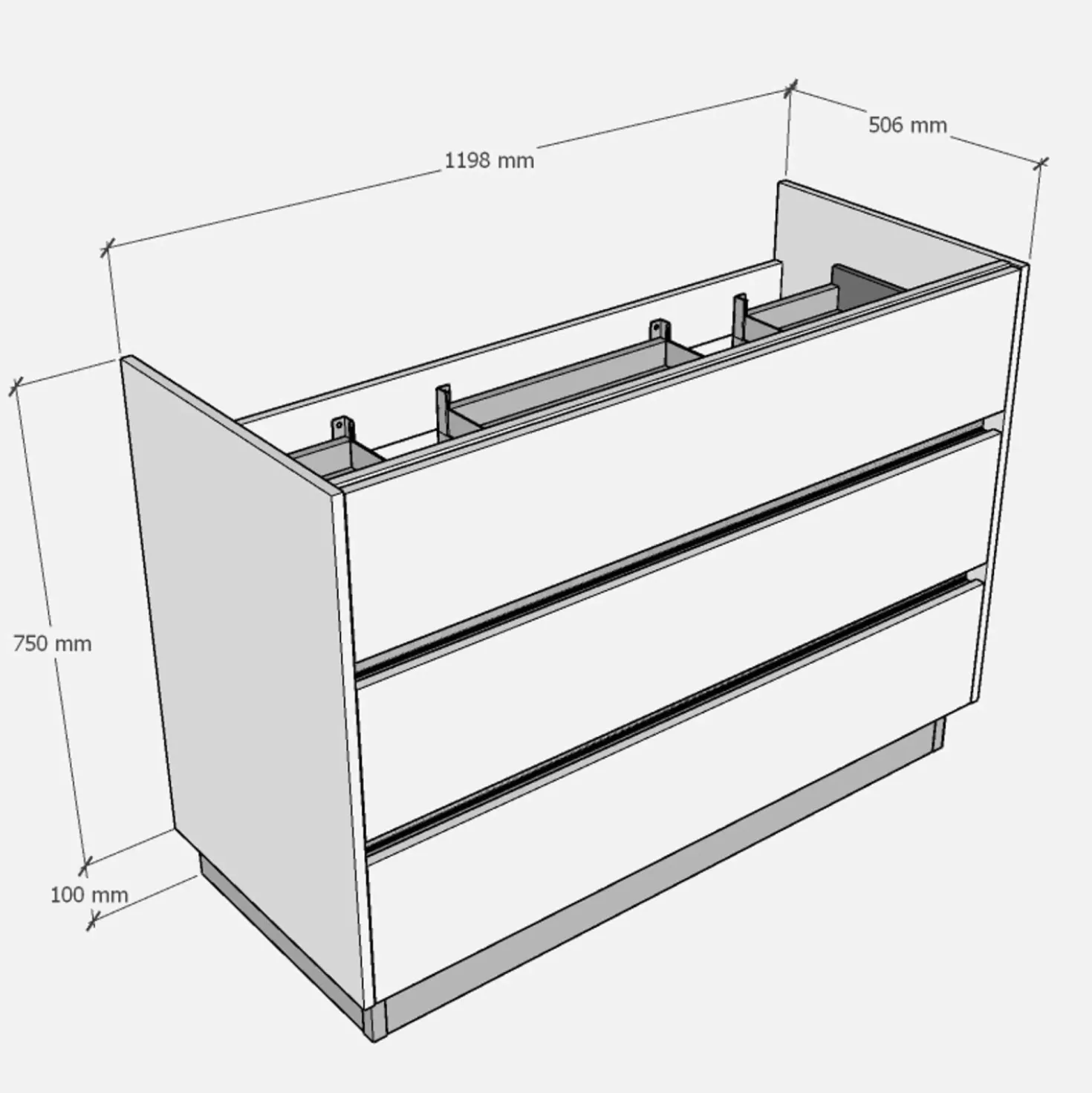 Base porta lavabo 3 cass. con appoggio a terra 120x50x85 cm opaco