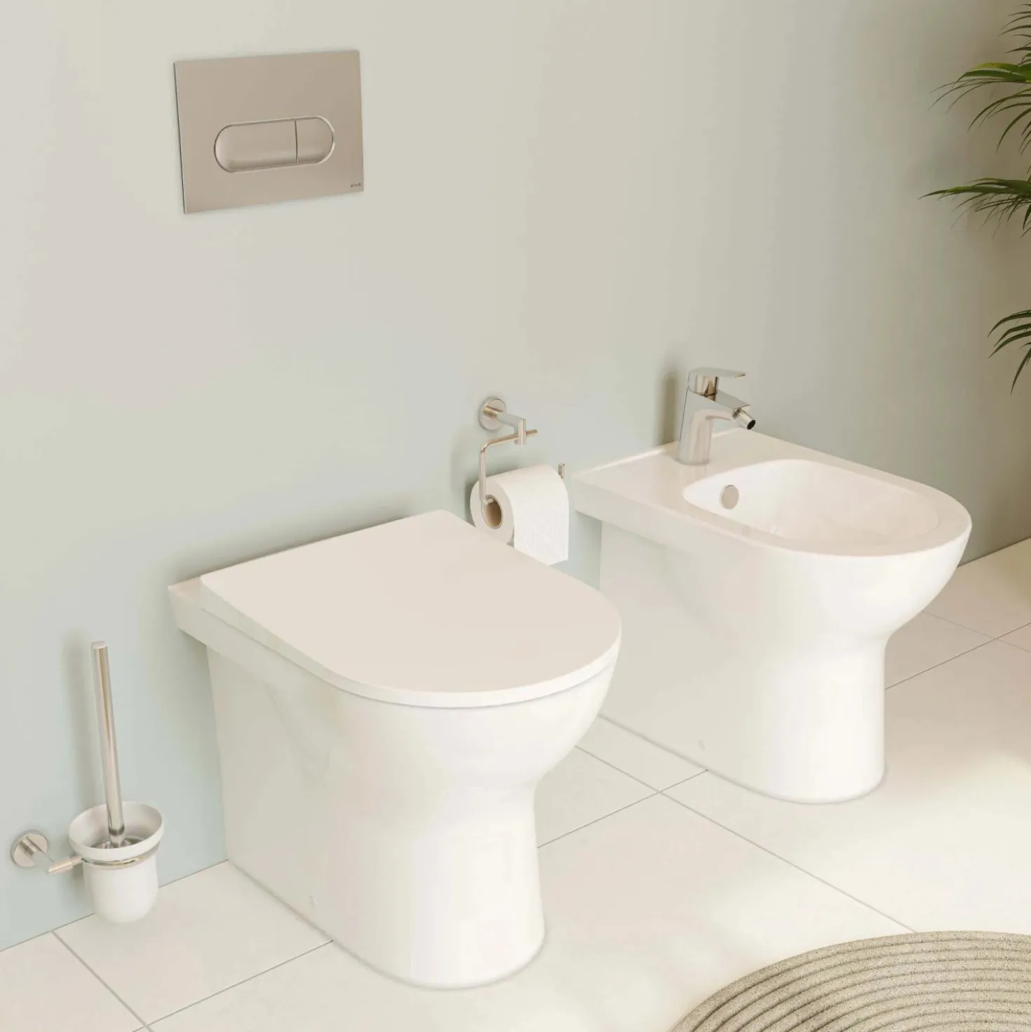 Bidet filo muro S20 Round a pavimento in ceramica bianca monoforo