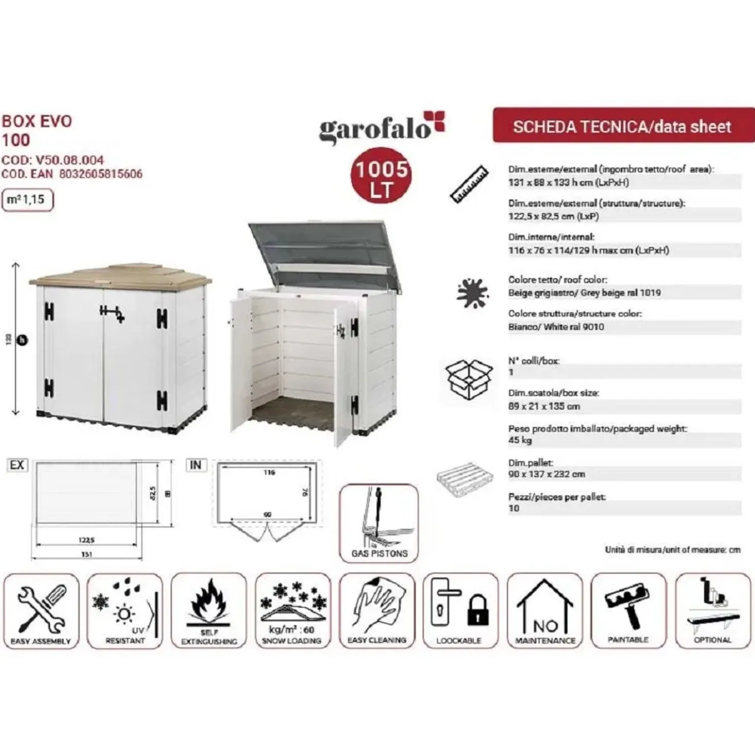 Box da giardino in PVC porta bidoni EVO 100 bianco/tortora 131x88x133 cm