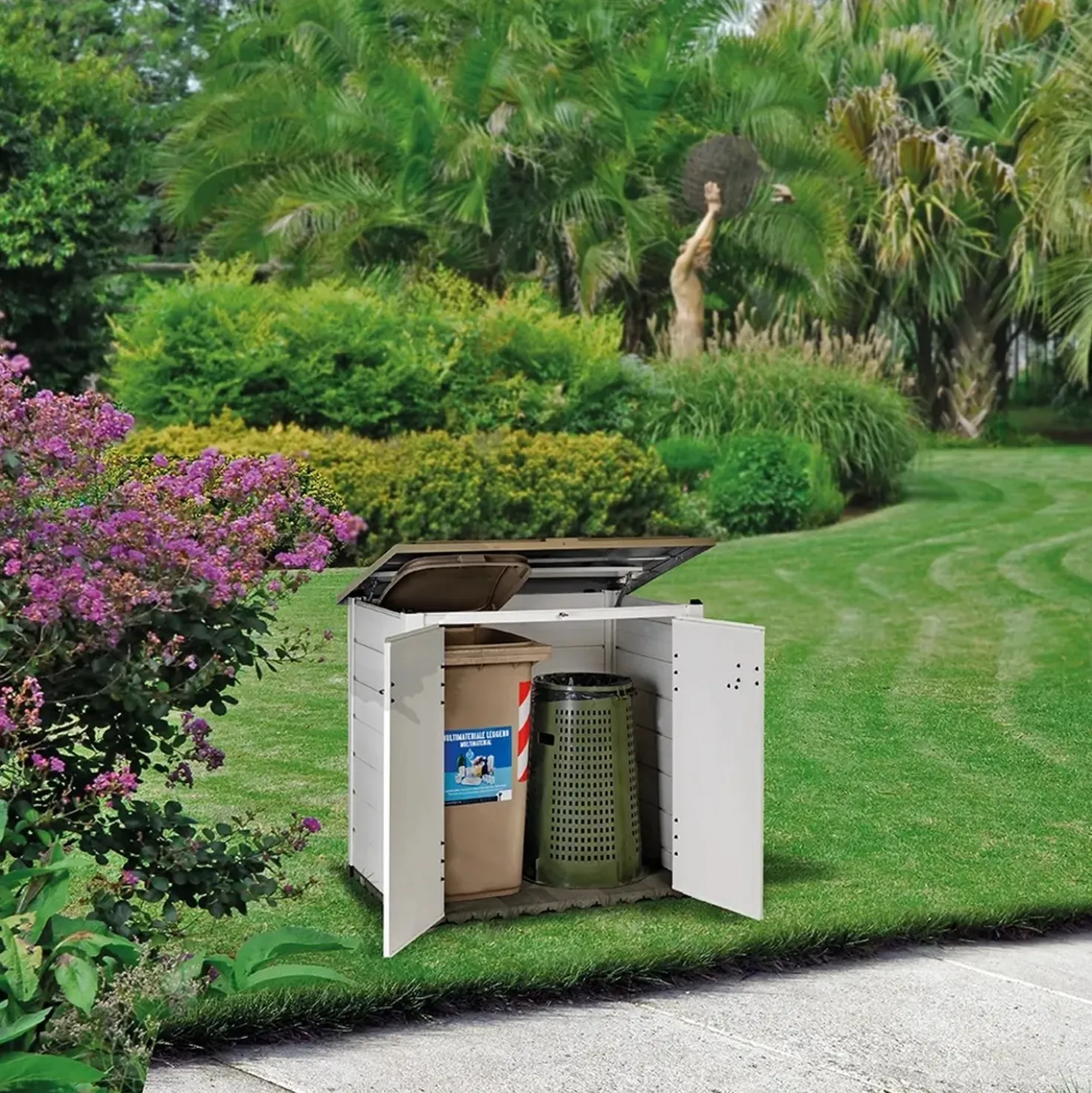 Box da giardino in PVC porta bidoni EVO 100 bianco/tortora 131x88x133 cm