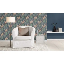 Carta da parati TNT Rasch foglie blu notte 10,05x0,53 m