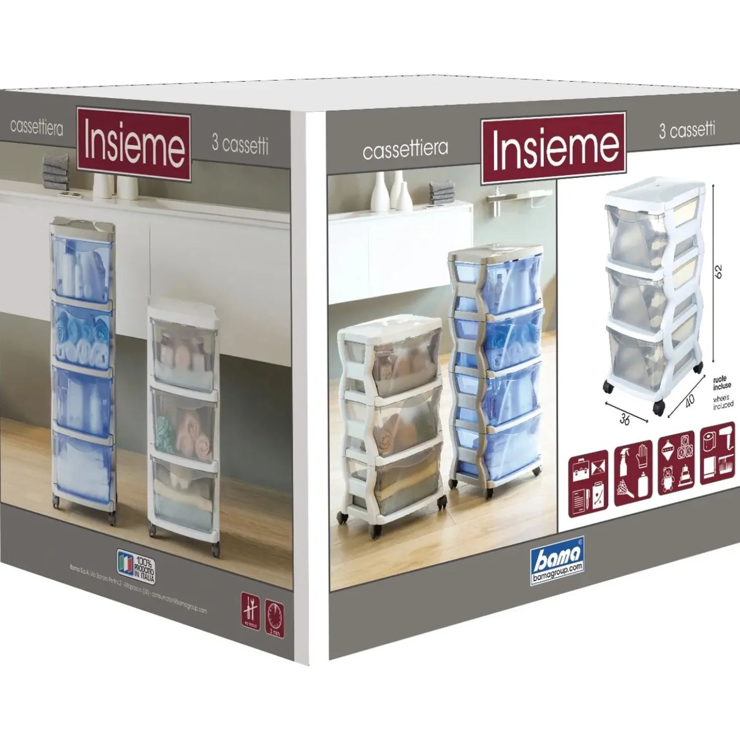 Cassettiera 3 cassetti Bama 36x40x62 cm bianco