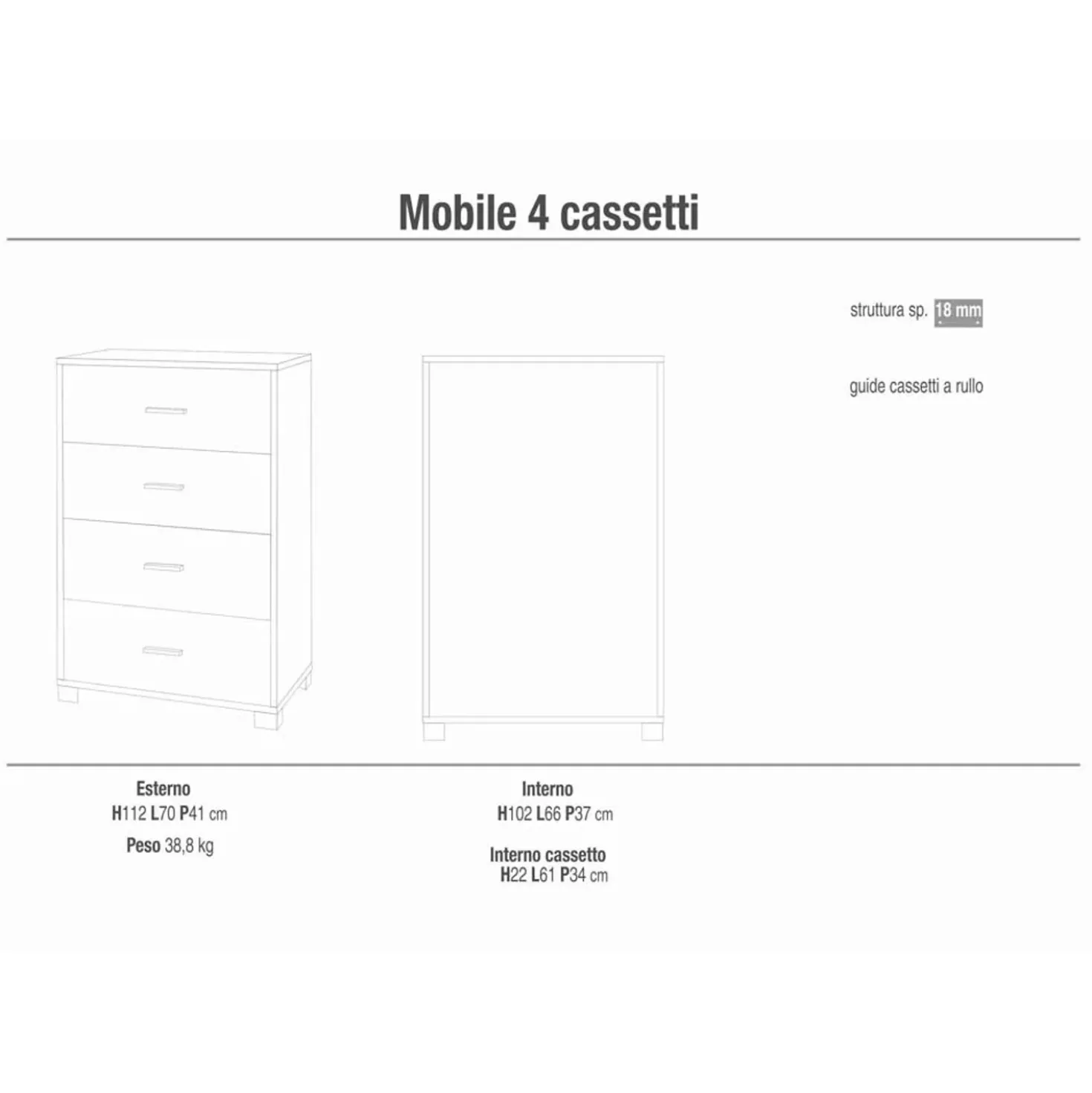 Cassettiera in kit 4 cassetti Sarmog 112x70x41 cm bianco fiammato