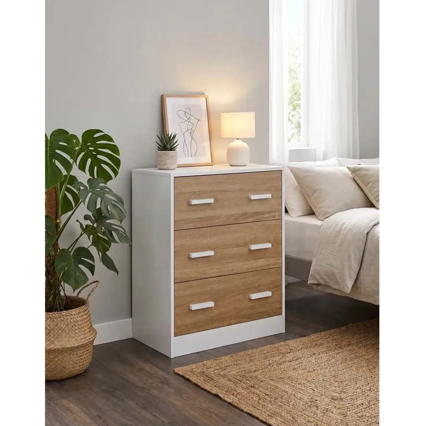 Cassettiera in pannello truciolare 3 cassetti 60x34x75 cm bianco