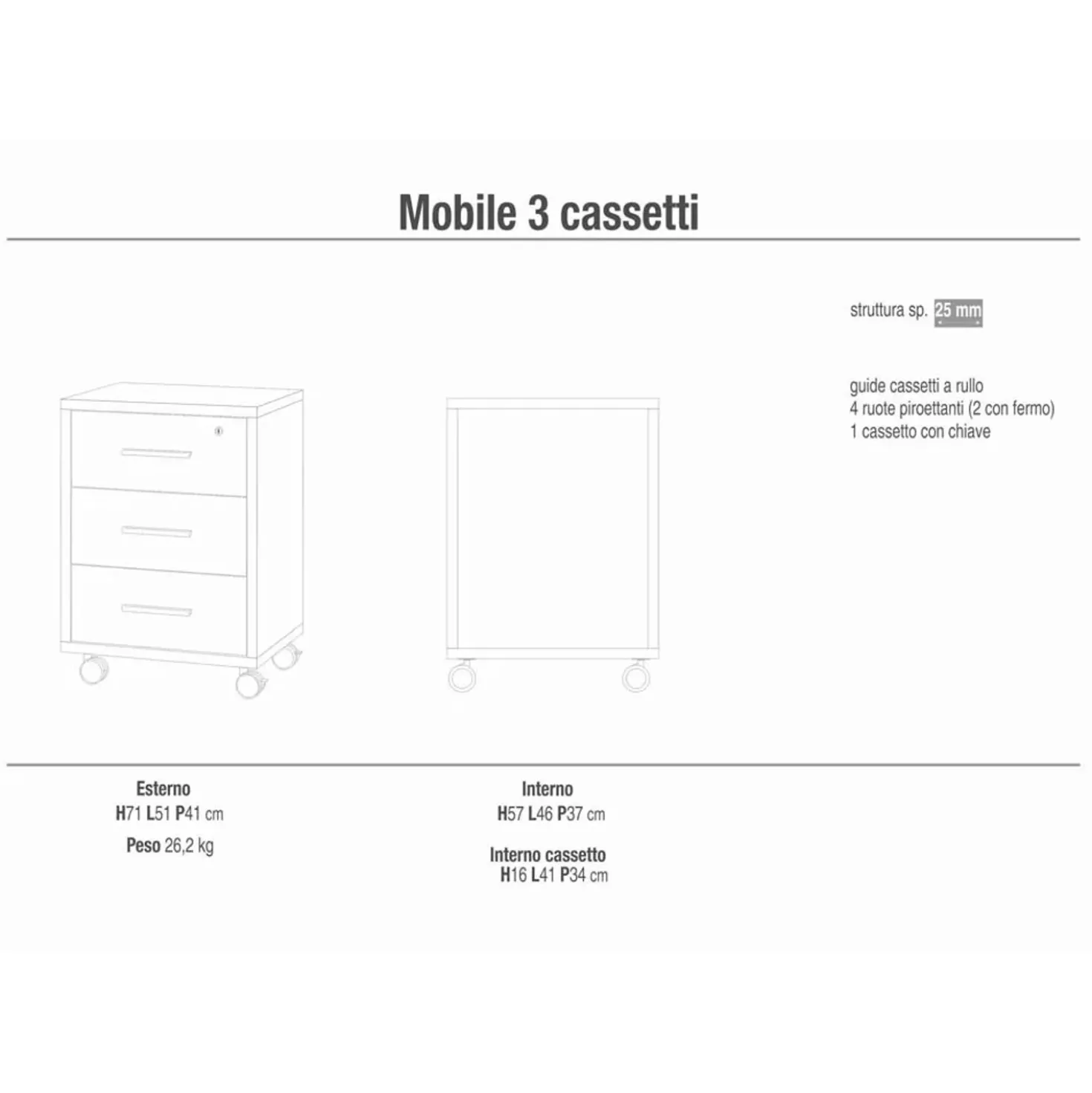 Cassettiera ufficio 3 cassetti 41x51x71 cm cemento/ossido bianco