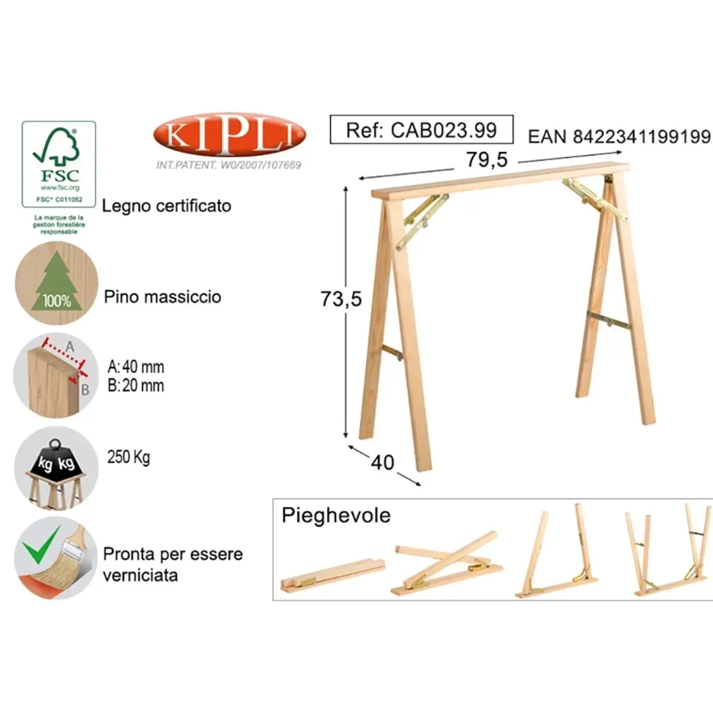 Cavalletto in legno Kipli pieghevole 73,5x79,5x40 cm