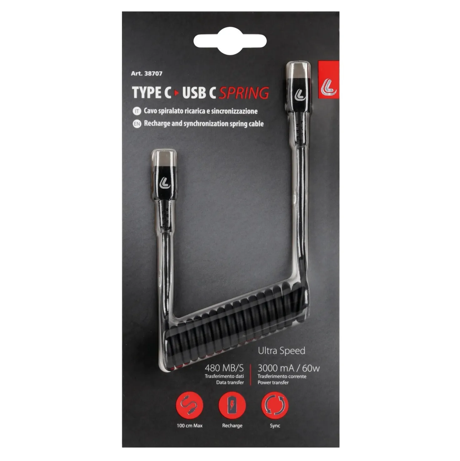 Cavo da Usb Type-C a Type-C a spirale 100 cm nero