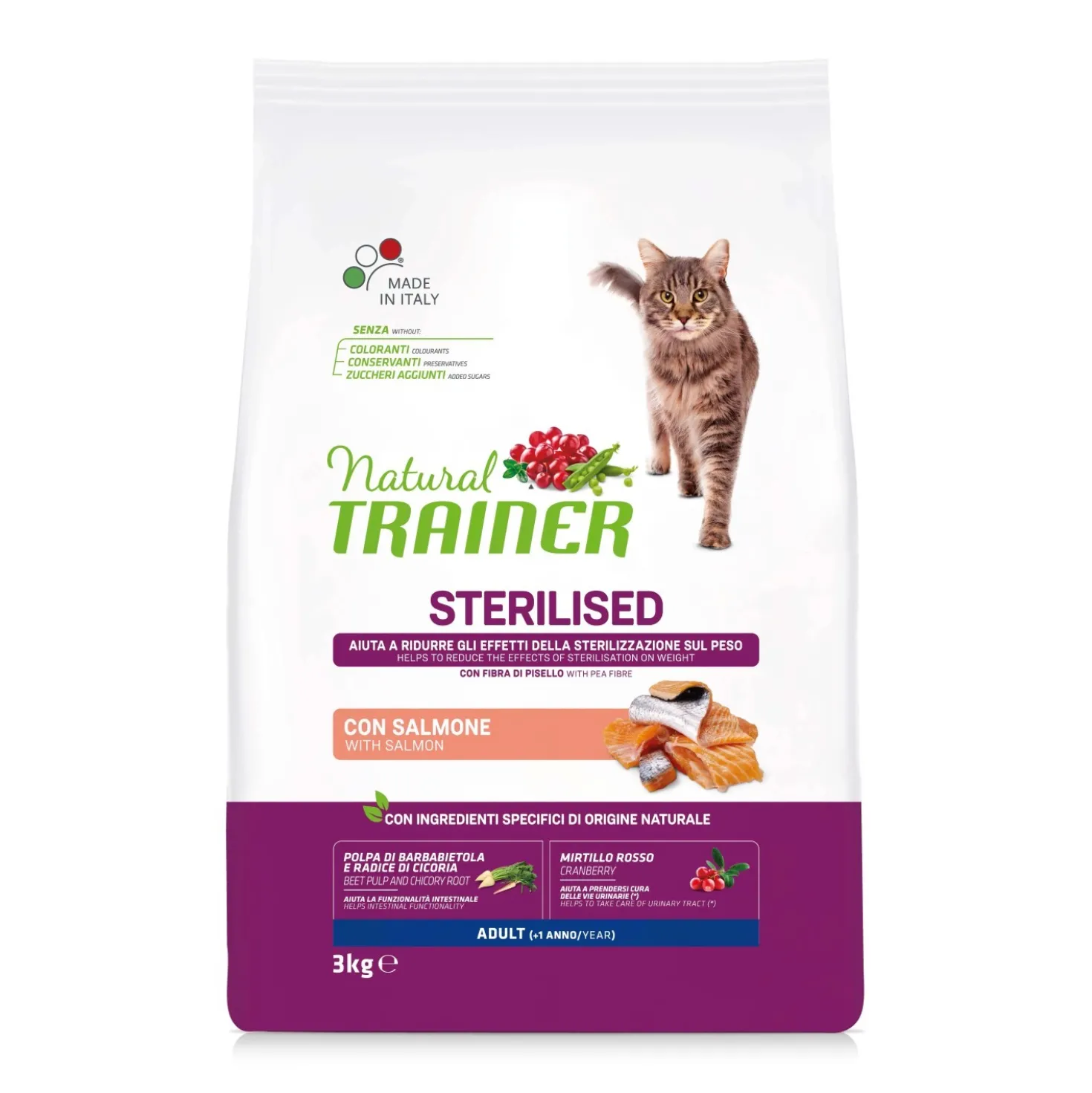 Cibo secco per gatti Natural Trainer salmone&fibra di pisello 3 kg