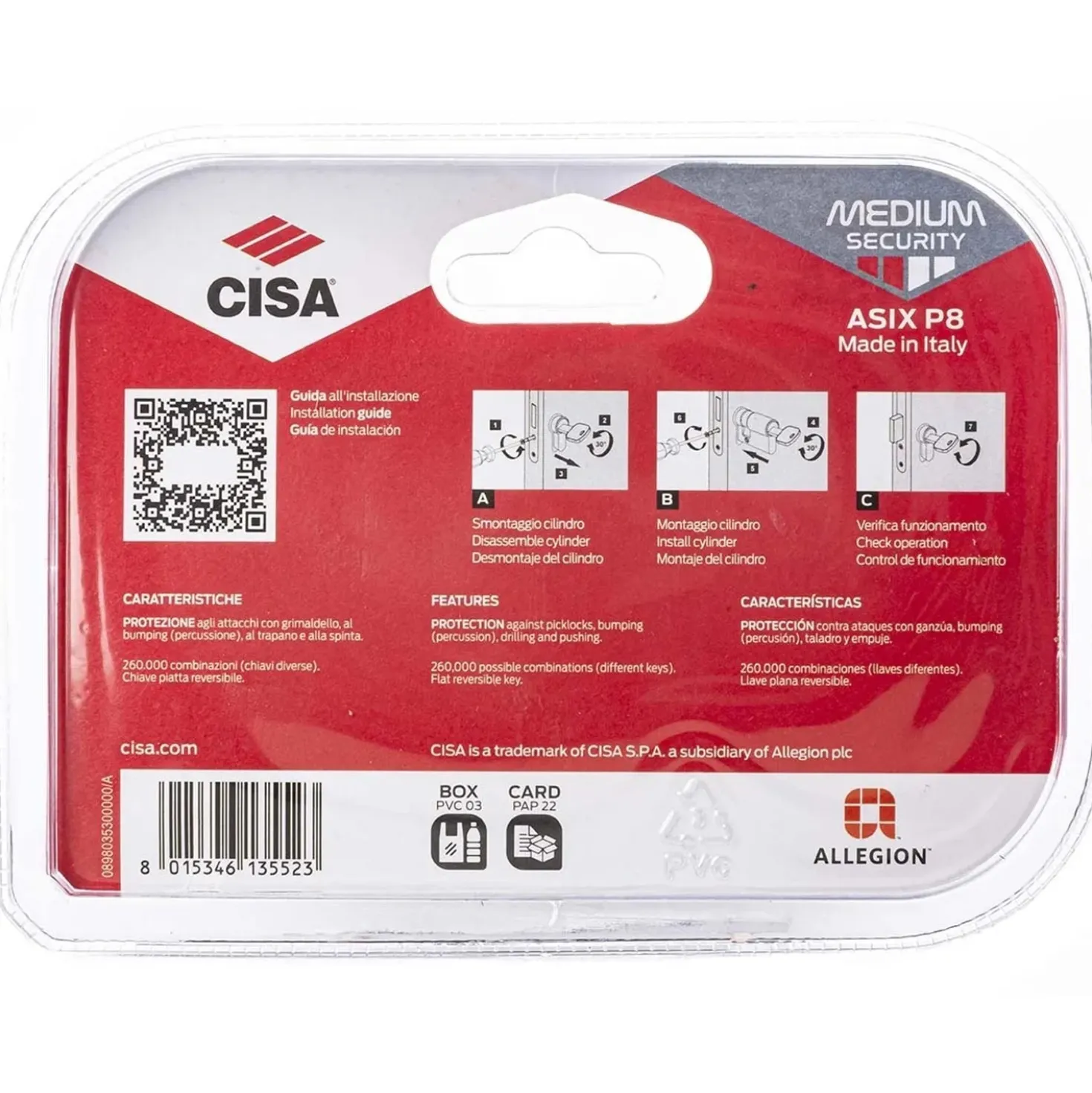 Cilindro europeo di sicurezza con codolo Cisa Asix P8 misura 30/40 mm