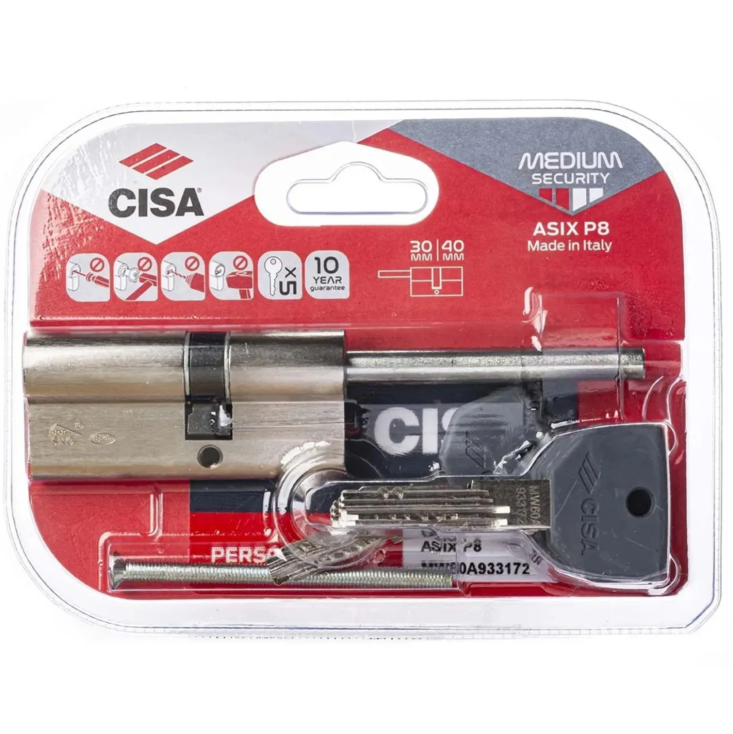 Cilindro europeo di sicurezza con codolo Cisa Asix P8 misura 30/40 mm