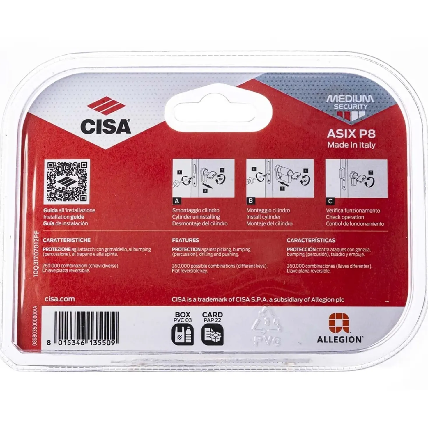 Cilindro europeo di sicurezza con codolo Cisa Asix P8 misura 30/50 mm