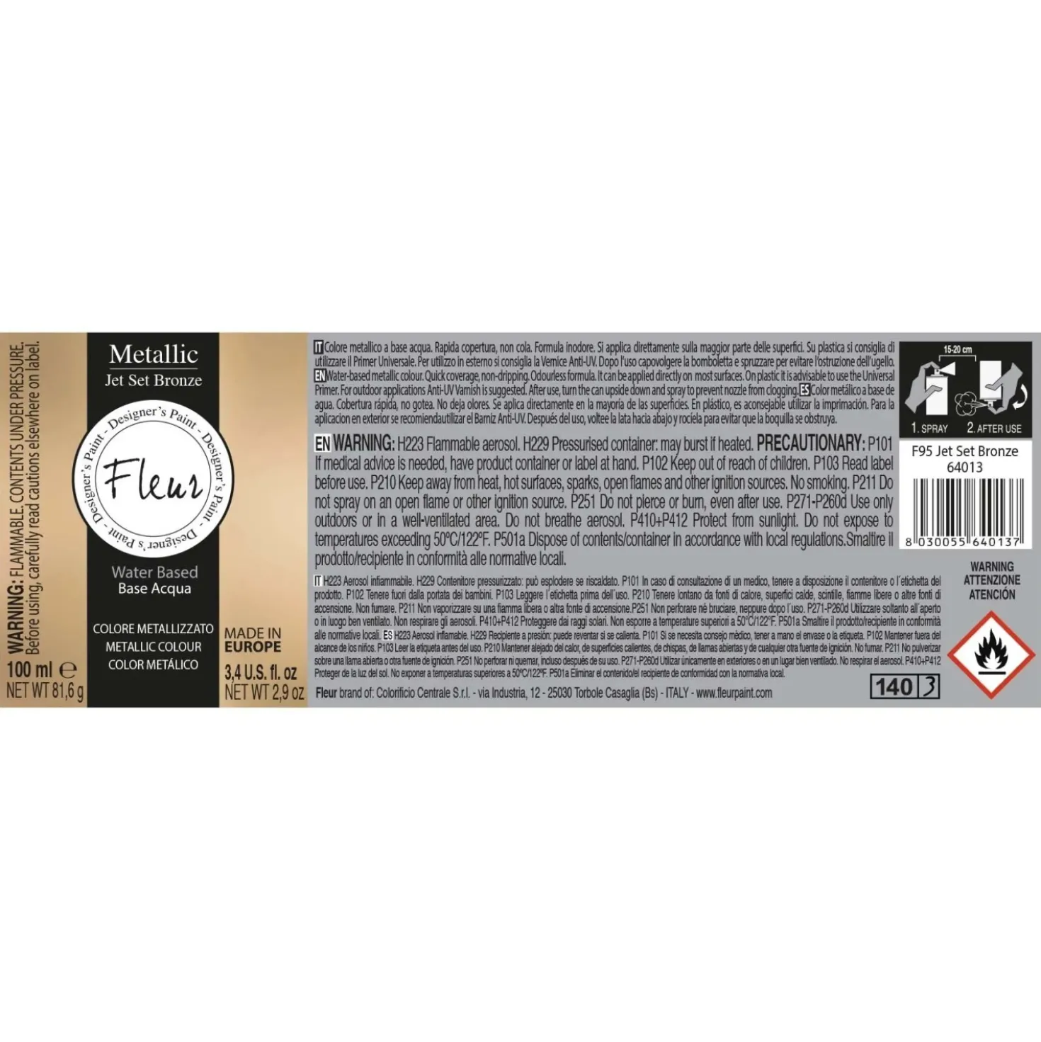 Colore metallizzato spray Fleur F95 Jet Set Bronze 100 ml