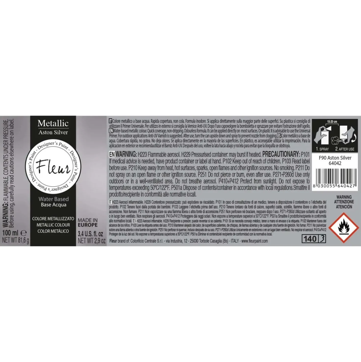 Colore metallizzato spray Fleur F90 Aston Silver 100 ml