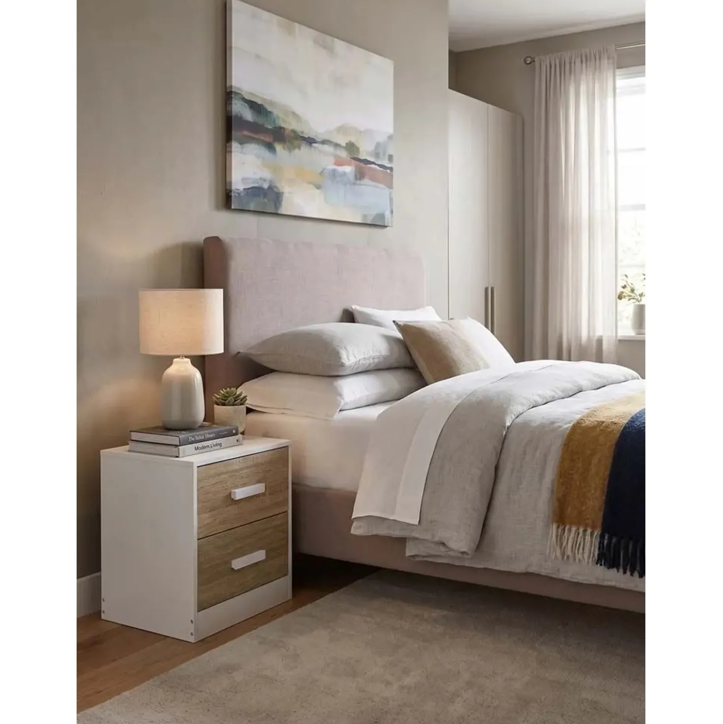 Comodino in pannello truciolare con 2 cassetti 40x34x45 cm bianco
