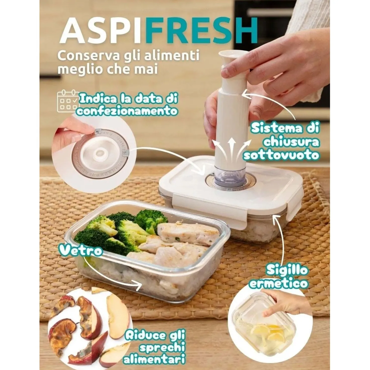 Contenitori in vetro per alimenti Aspifresh set 3 con pompa per sottovuoto