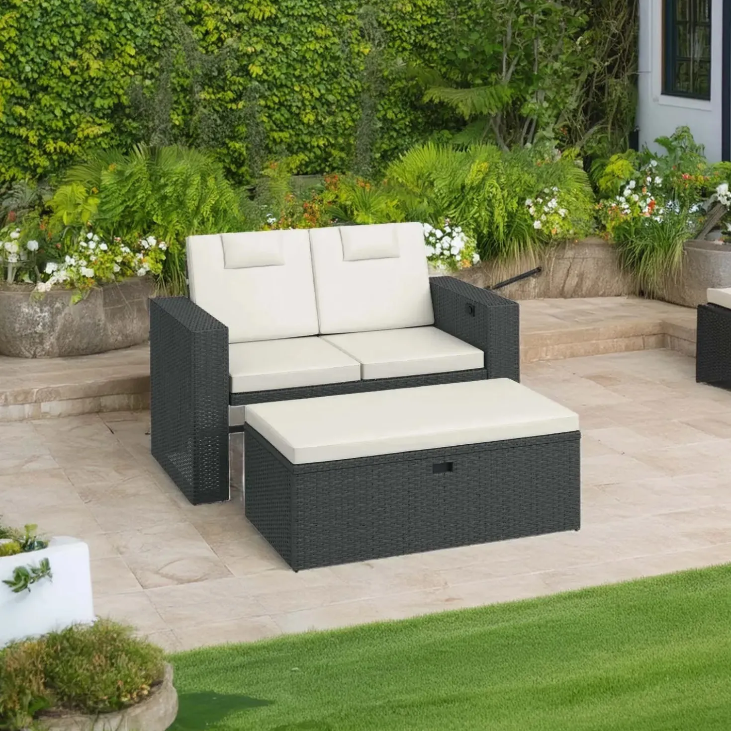 Divanetto da esterno multifunzione in rattan sintetico reclinabile 140x70x80 cm