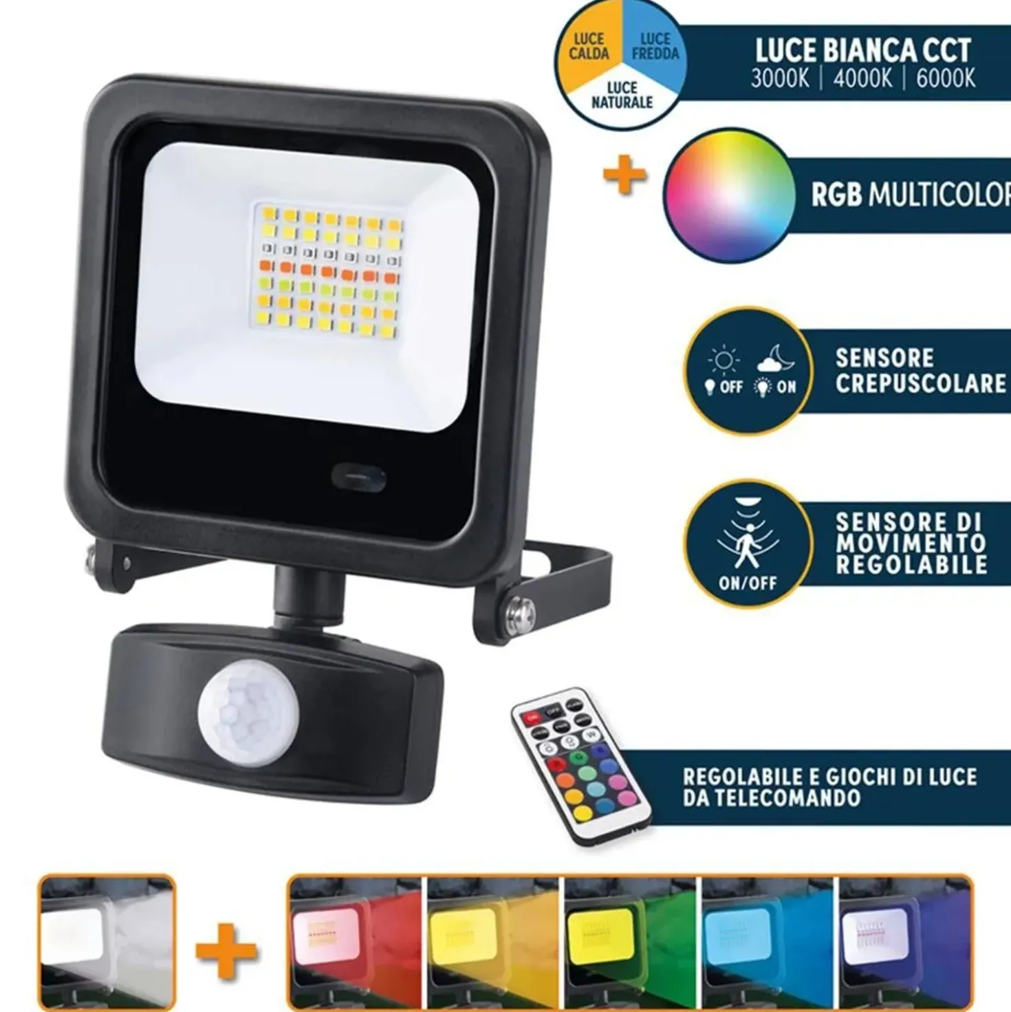 Faro led 20 W luce bianca CCT e RGB multicolor c/telecomando