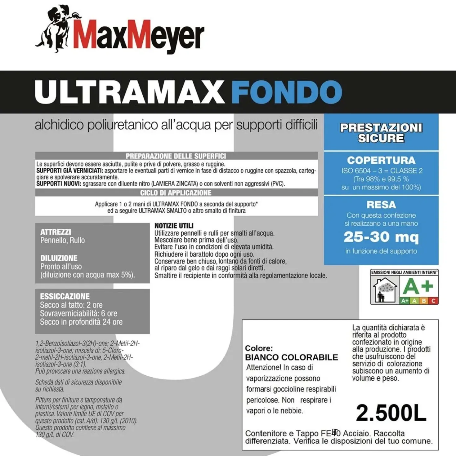 Fondo alchidico MaxMeyer Ultramax poliuretanico supporti difficili bianco 2,5 l
