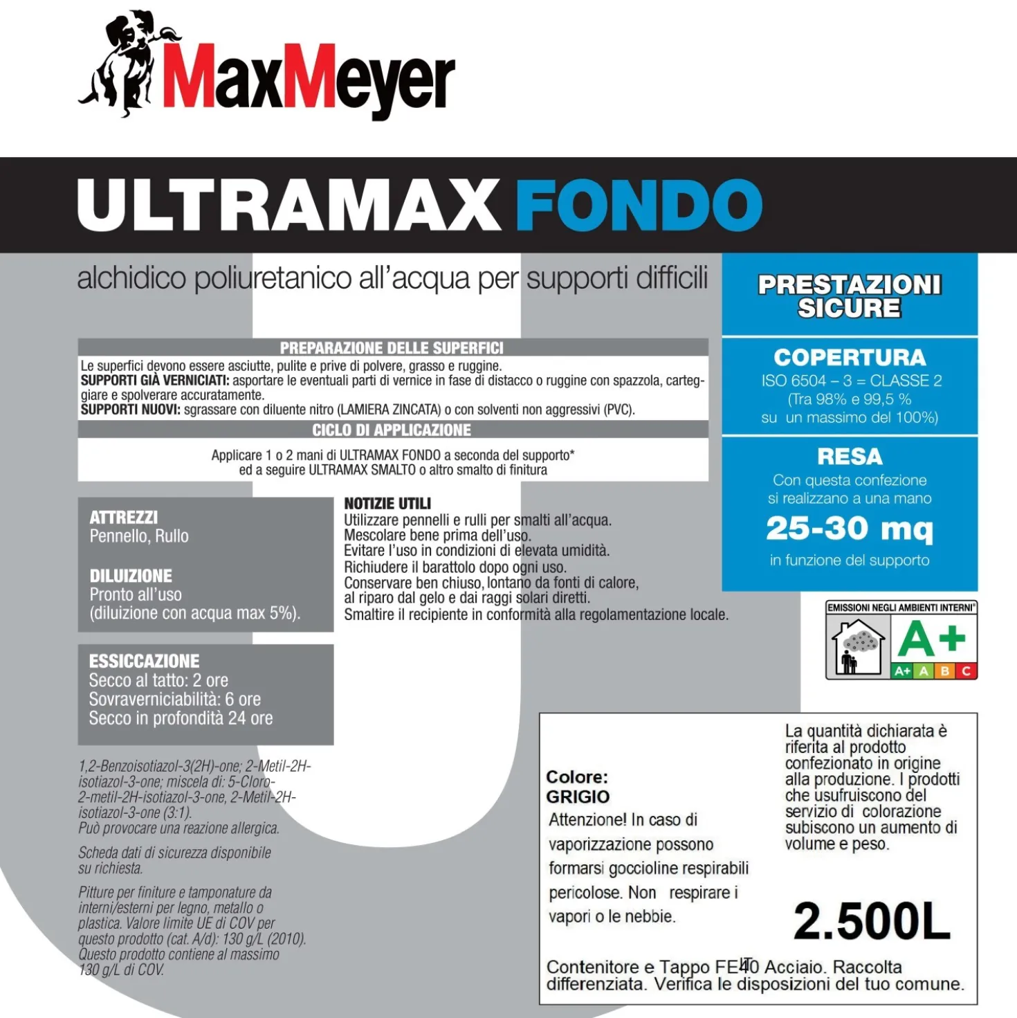 Fondo alchidico MaxMeyer Ultramax poliuretanico supporti difficili grigio 2,5 l