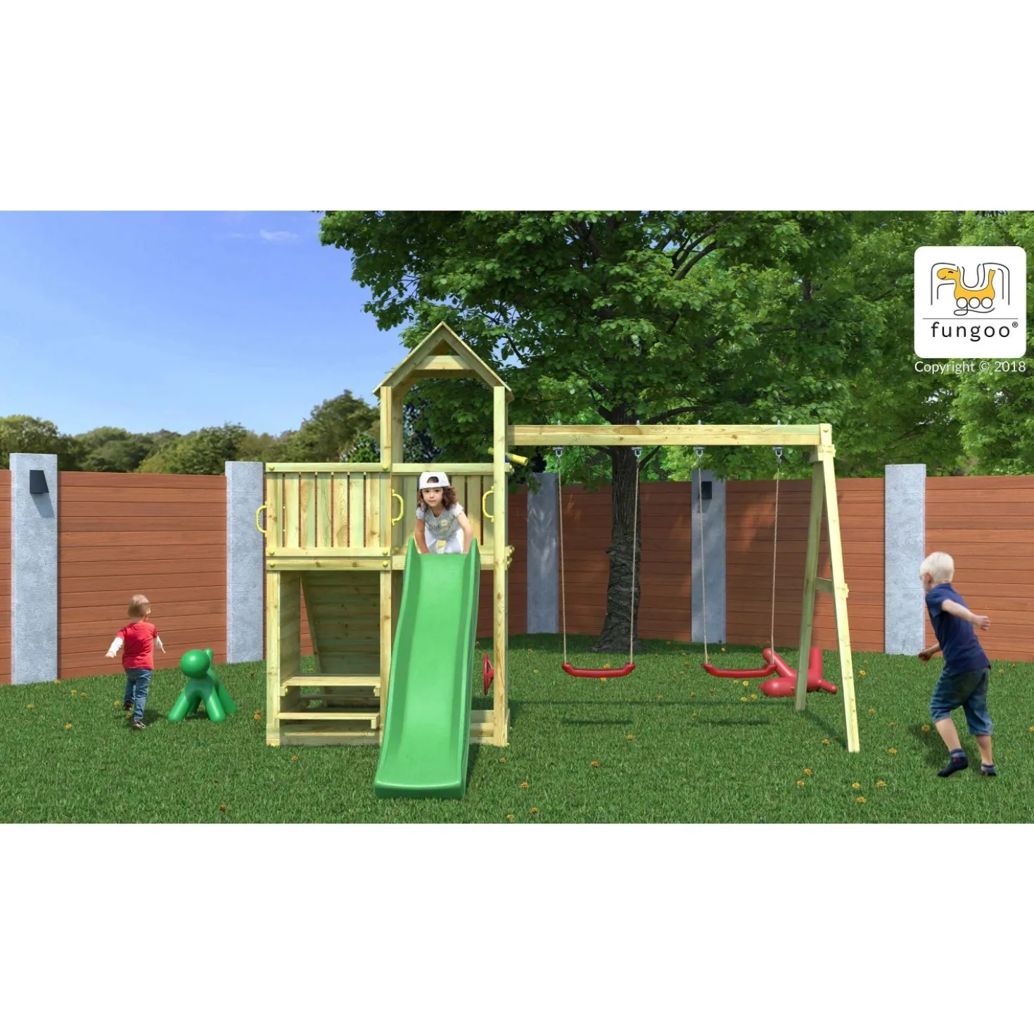 Gioco da giardino Floppi con scivolo e altalene 379x396xh262 cm