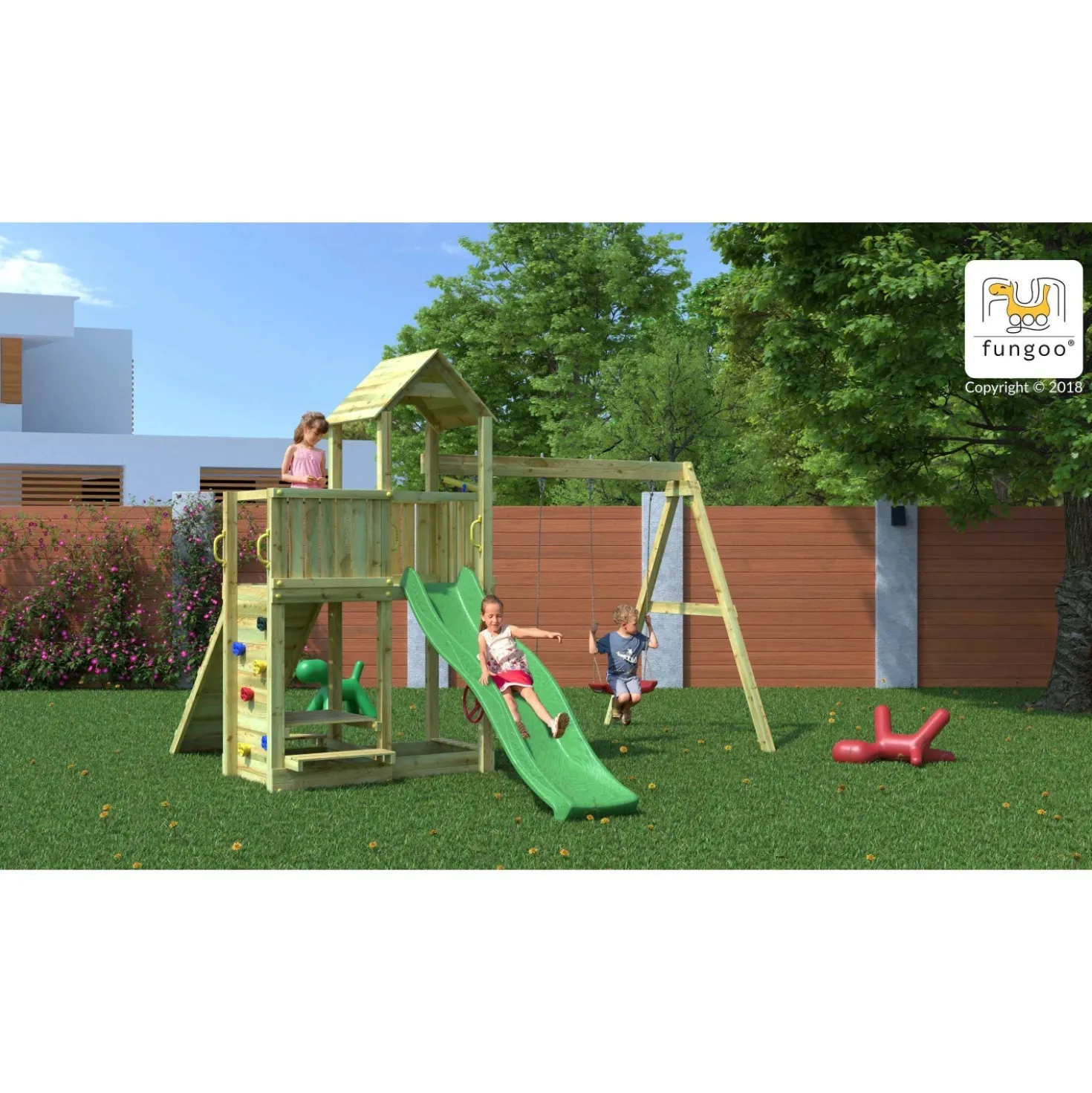 Gioco da giardino Floppi con scivolo e altalene 379x396xh262 cm