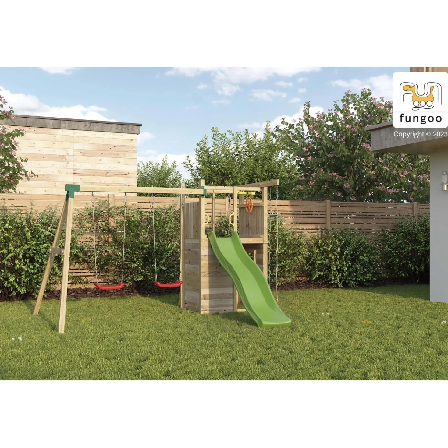 Gioco da giardino Houser con scivolo e altalena 343x363xh220 cm