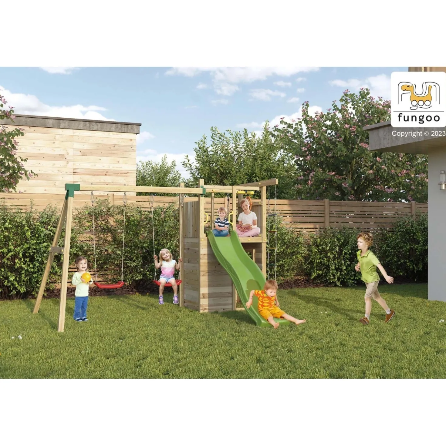 Gioco da giardino Houser con scivolo e altalena 343x363xh220 cm
