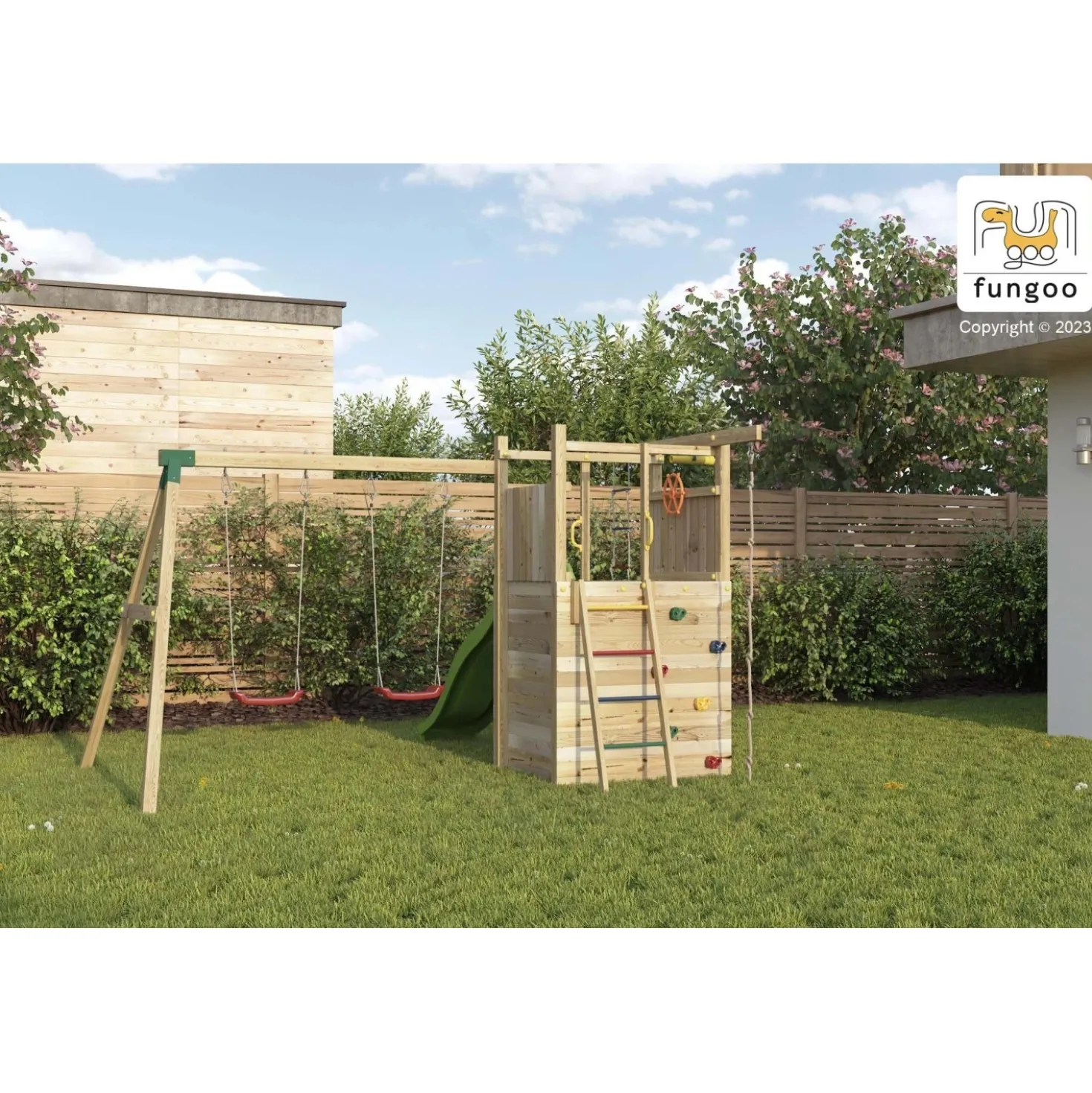 Gioco da giardino Houser con scivolo e altalena 343x363xh220 cm