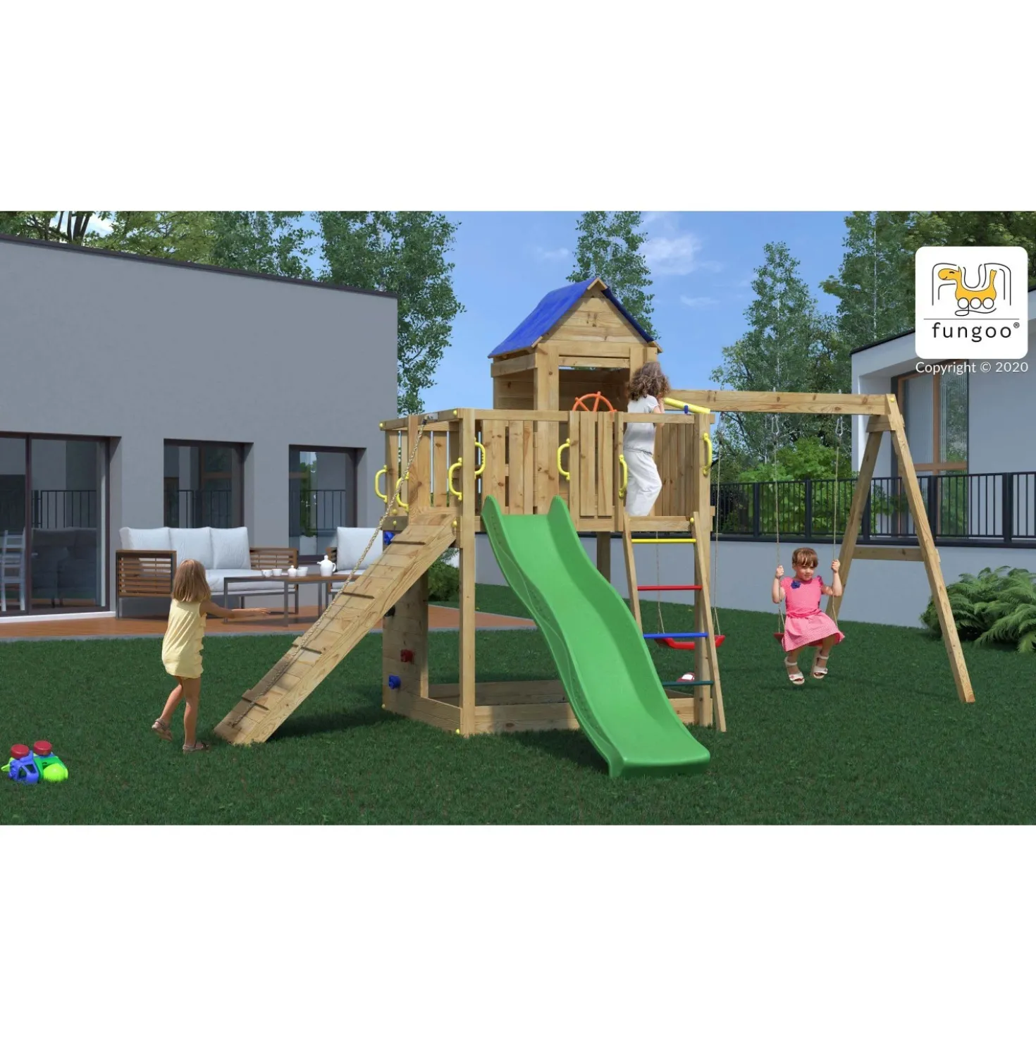 Gioco da giardino Treehouse con scivolo e altalene 443x501xh272 cm