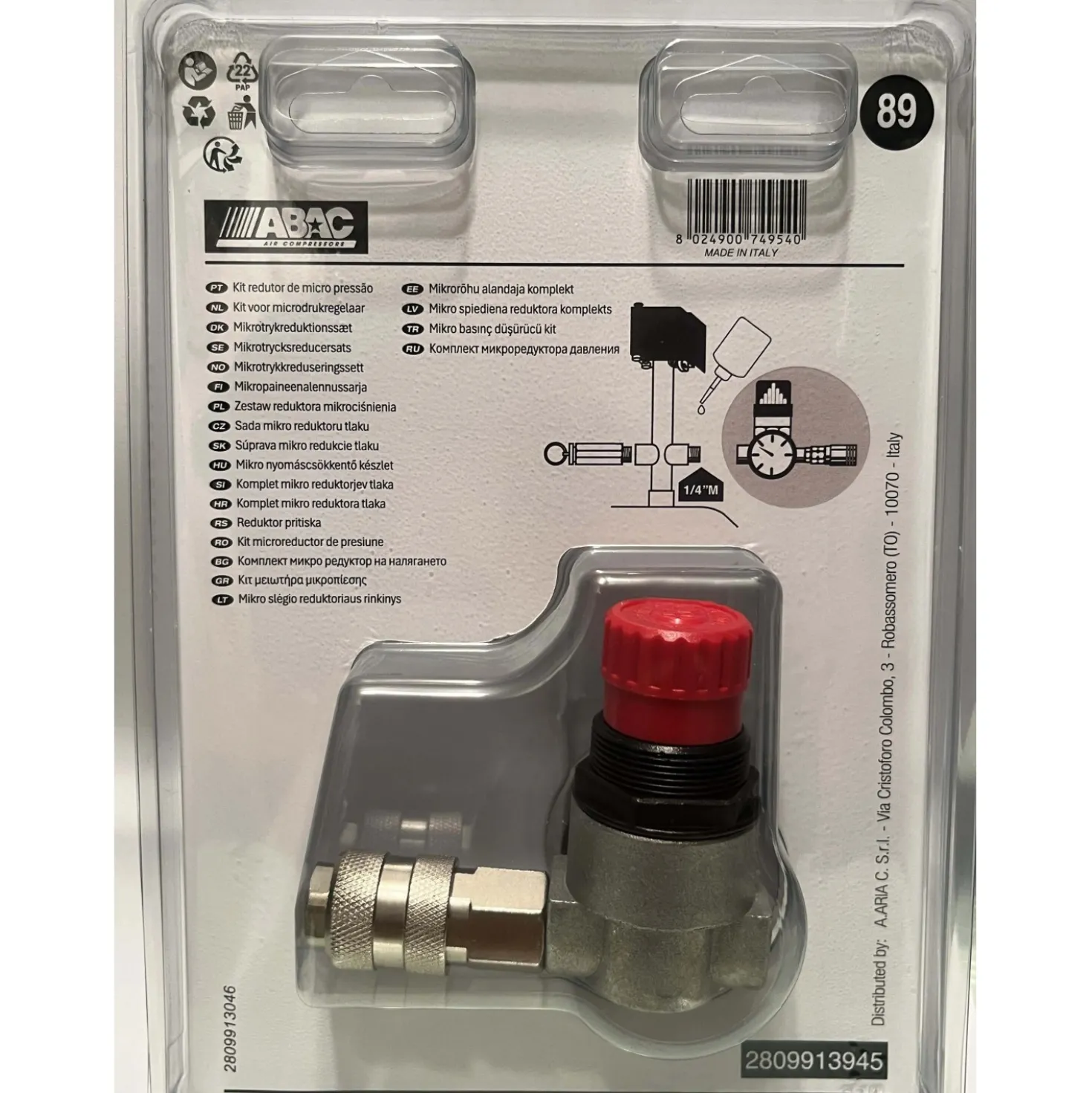 Kit riduttore di pressione micro ABAC con attacco 1/4" femmina