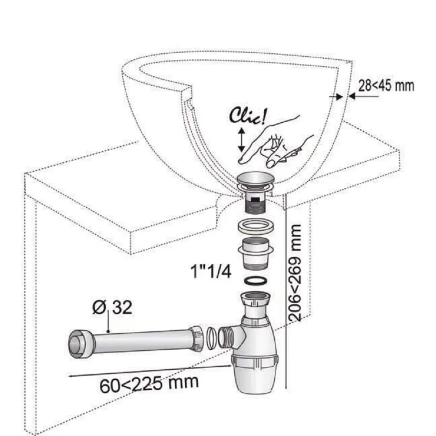 Kit sifone per lavabo con doppio tappo d 32 cm cromato e nero