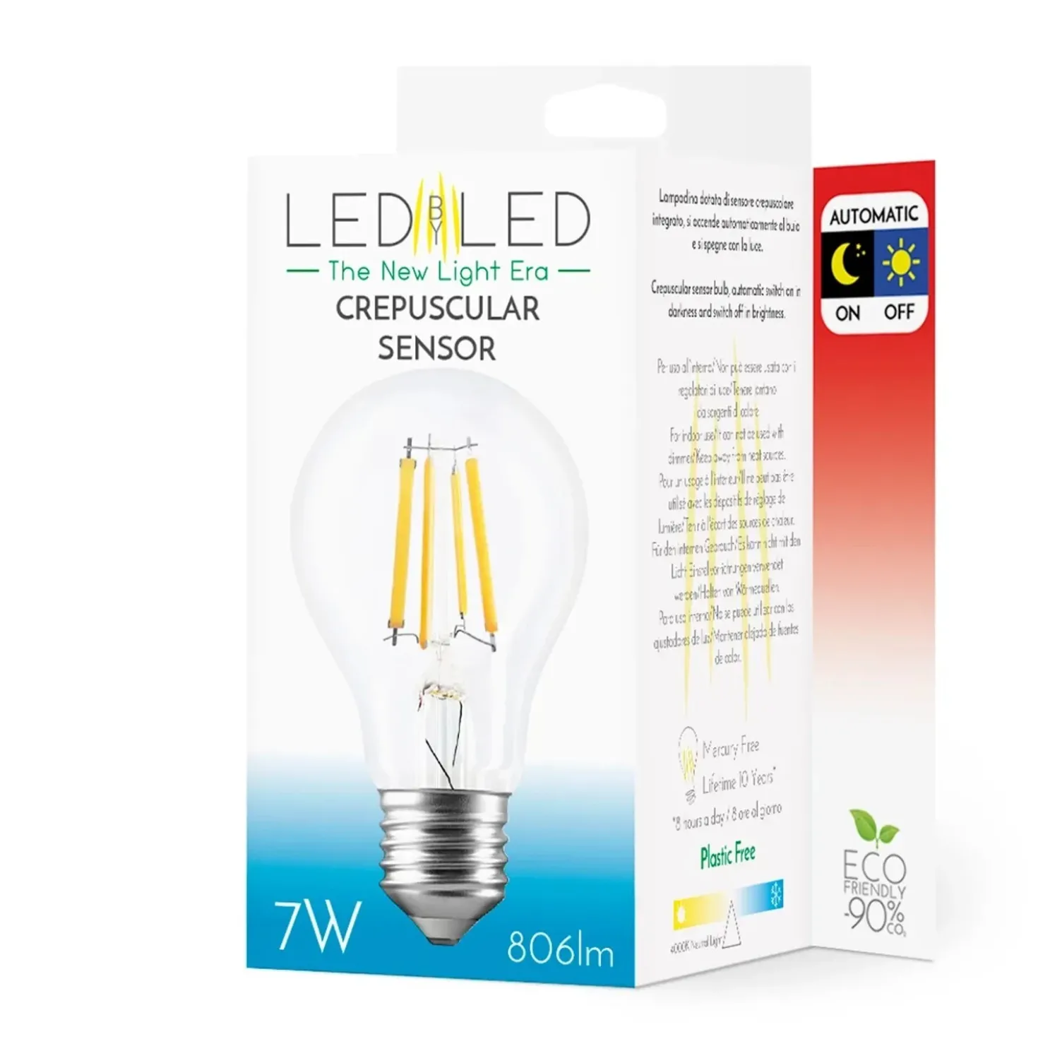 Lampadina LED goccia crepuscolare luce fredda E27 7W 806 lumens