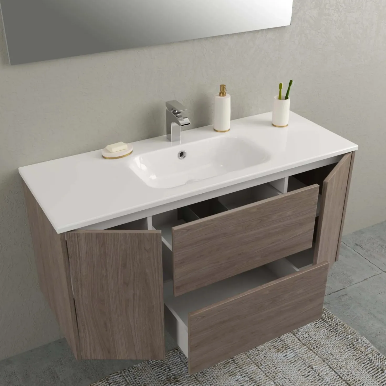 Lavabo da incasso con vasca centrale 121x46 cm mineralmarmo bianco
