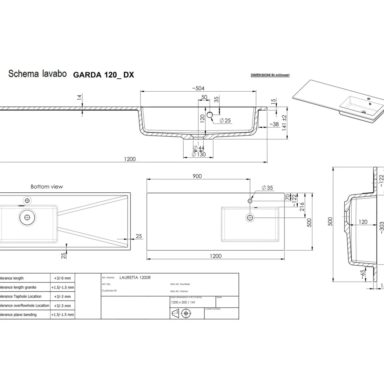 Lavabo da incasso con vasca a destra 120x50 cm mineralmarmo bianco