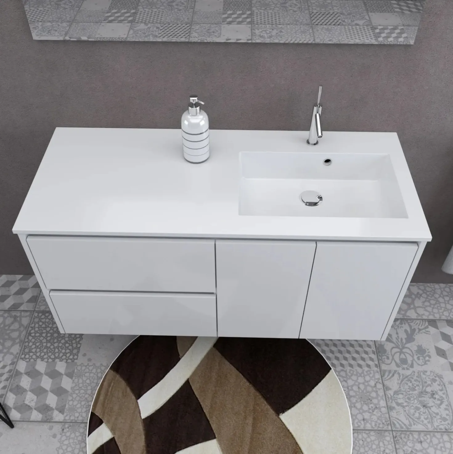 Lavabo da incasso con vasca a destra 120x50 cm mineralmarmo bianco
