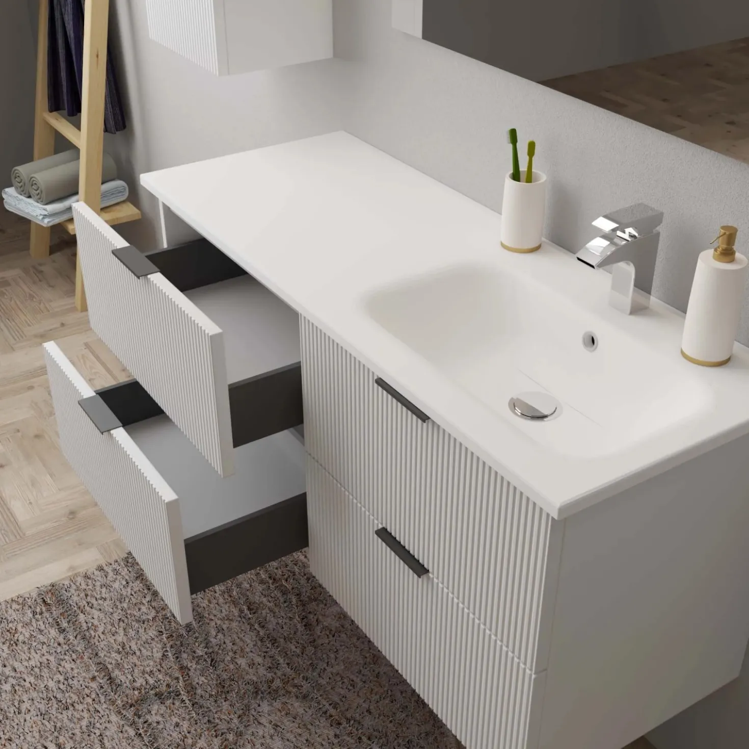 Lavabo da incasso con vasca a destra 121x46 cm mineralmarmo bianco